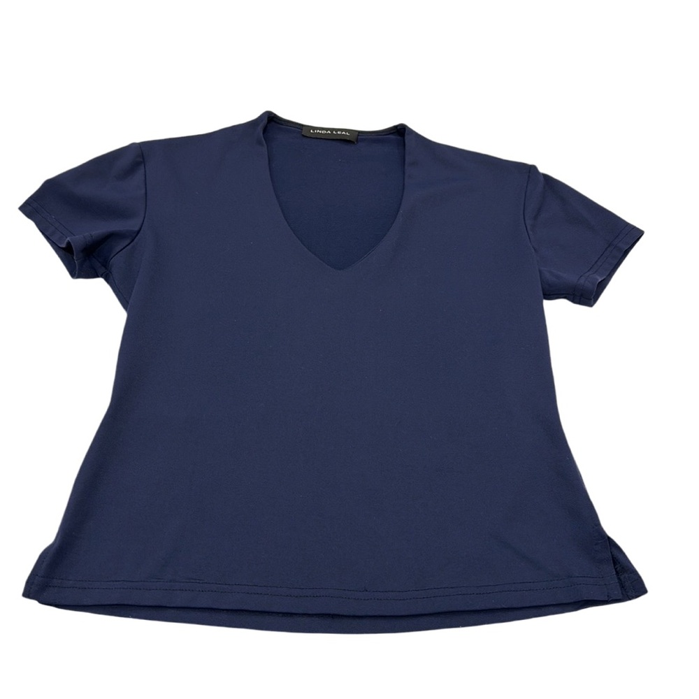 LINDA LEAL Navy Short Sleeve Deep V-neck Top. Lined Chest Side Slits